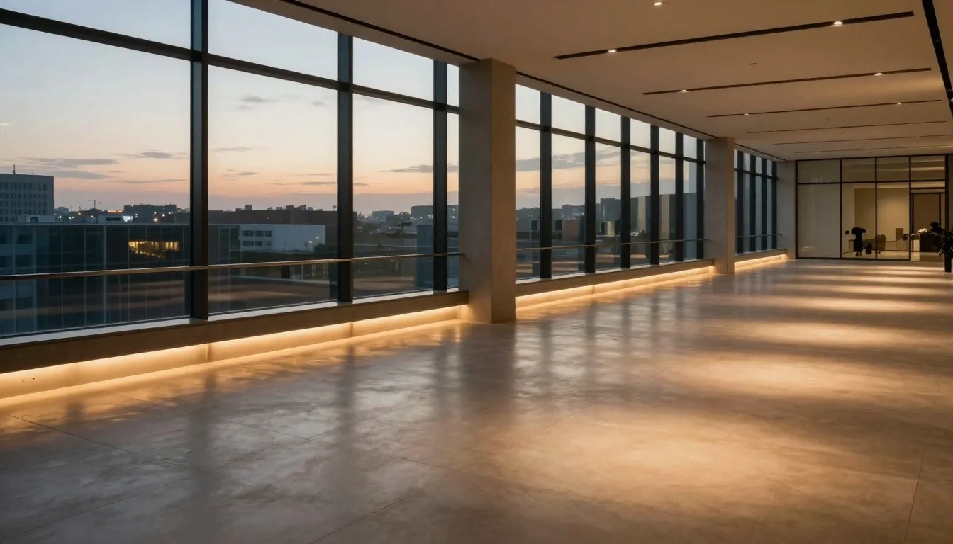 Applithic team hall at dusk with warm floor light