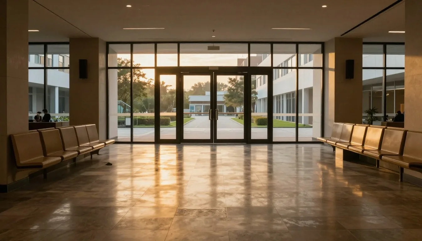 Quiet hangar floor at dusk with amber light