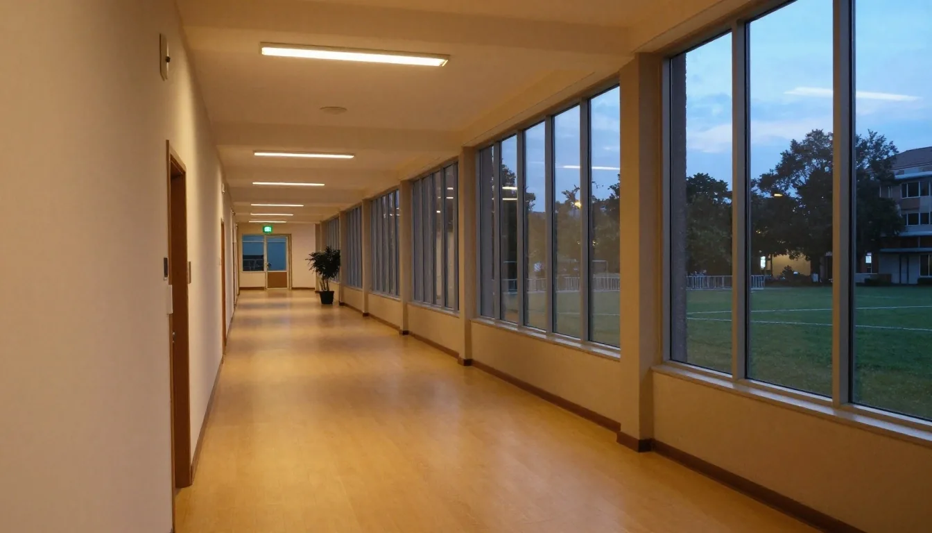 Hangar operations hall at dusk with amber floor light