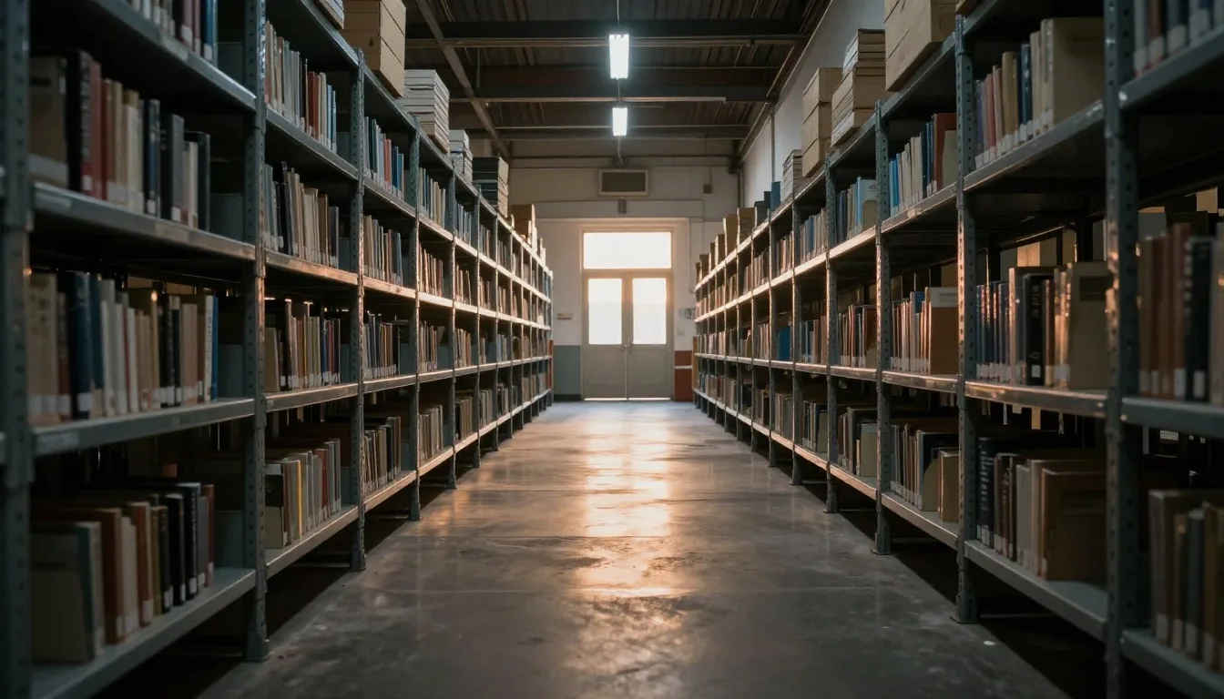 Operations hall at dusk with amber floor light leading to a workbench