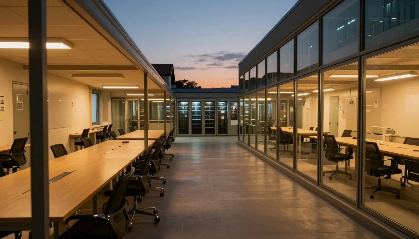 Hangar operations hall at dusk with benches and amber floor light
