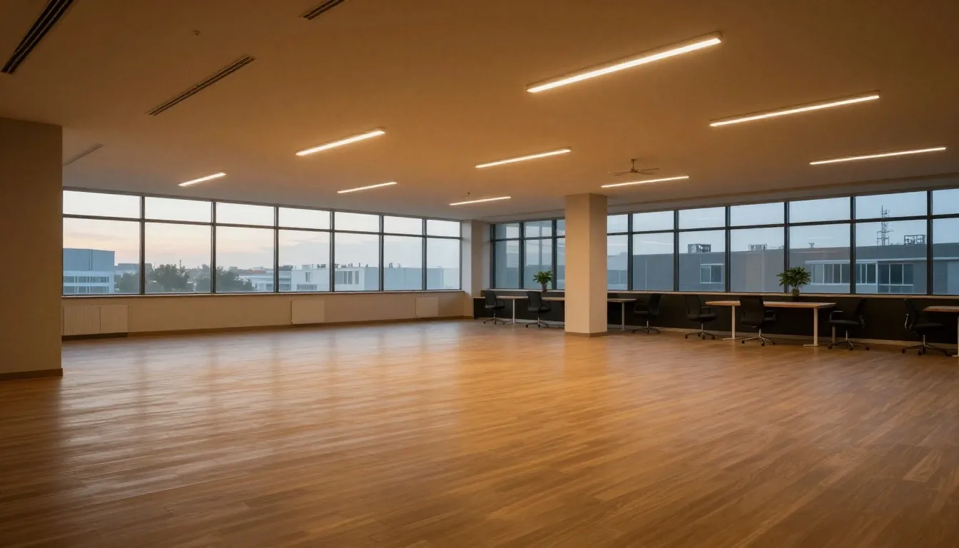 Hangar operations hall at dusk with key benches and amber floor light