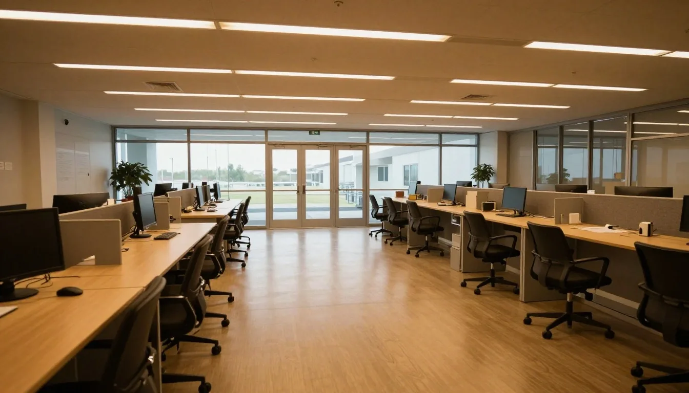 Operations hall at dusk with amber floor strip toward daylight doors
