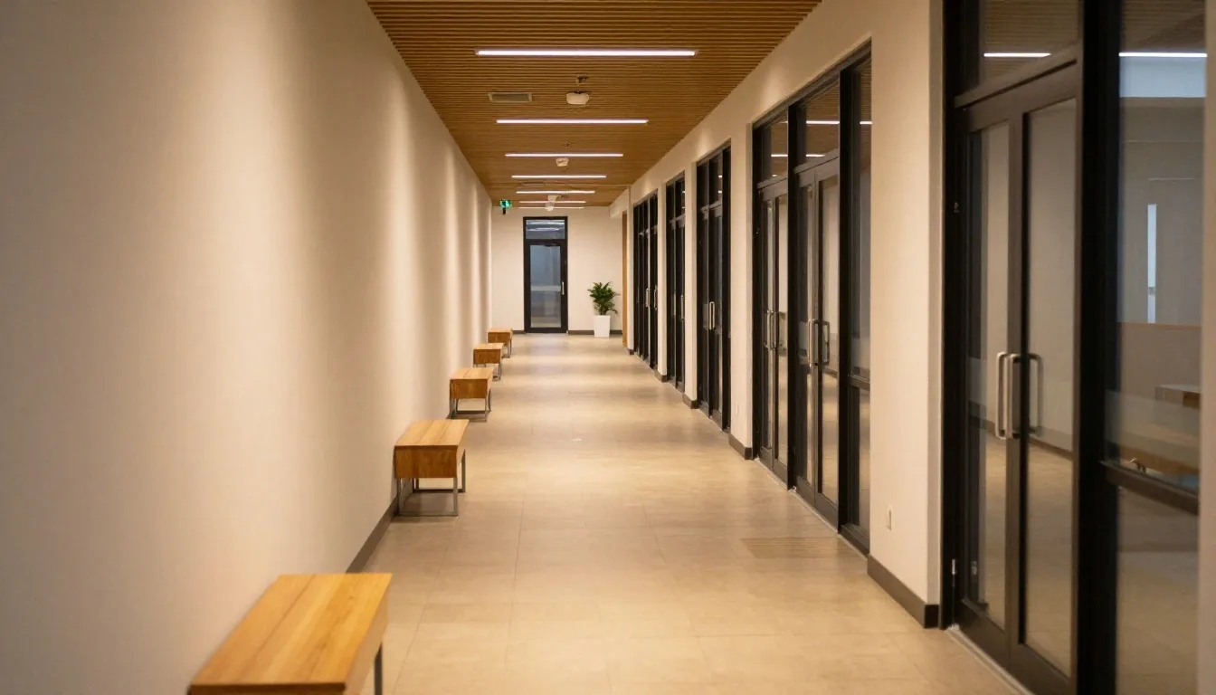 Hangar operations hall at dusk with amber floor light